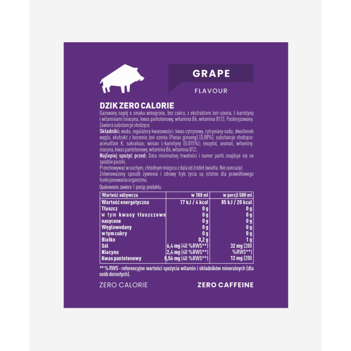 DZIK® ZERO CAFFEINE ZERO KALORII GRAPE 500ml (k\24)