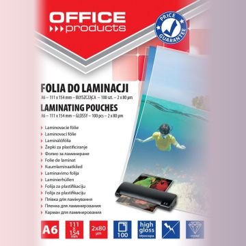 Folia do laminowania OFFICE PRODUCTS, A6, 2x80mikr., błyszcząca, 100szt., transparentna