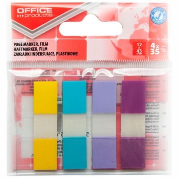 Filing Index Tabs OFFICE PRODUCTS, PP, 12x43 mm, 4x35 tabs, polybag, pastel, assorted colors