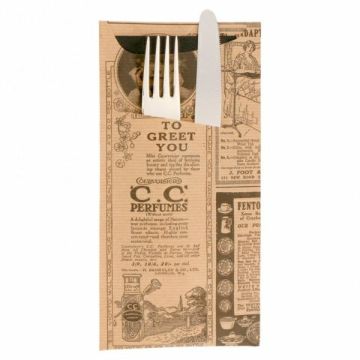 Etui na sztućce KRAFT z czarną serwetką nadruk Times, 11,2x22,5cm op. 100 sztuk