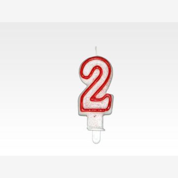Candle - NUMBER 2", red rim with glitter, price per 1 piece."