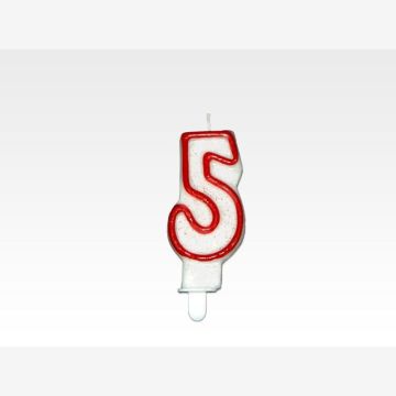 Świeczka - CYFERKA "5", czerwona obwódka z brokatem, cena za 1 szt.