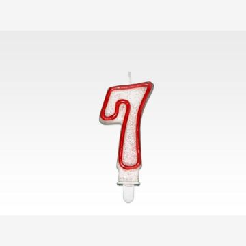 Świeczka - CYFERKA "7", czerwona obwódka z brokatem, cena za 1 szt.