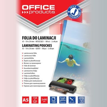 Folia do laminowania OFFICE PRODUCTS, A5, 2x80mikr., błyszcząca, 100szt., transparentna