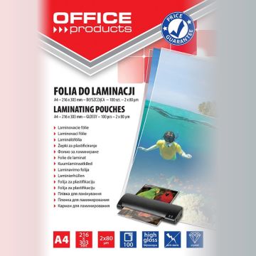 Folia do laminowania OFFICE PRODUCTS, A4, 2x80mikr., błyszcząca, 100szt., transparentna