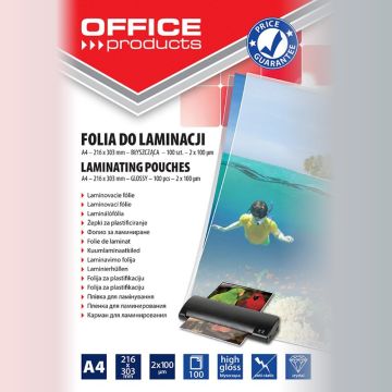 Folia do laminowania OFFICE PRODUCTS, A4, 2x100mikr., błyszcząca, 100szt., transparentna