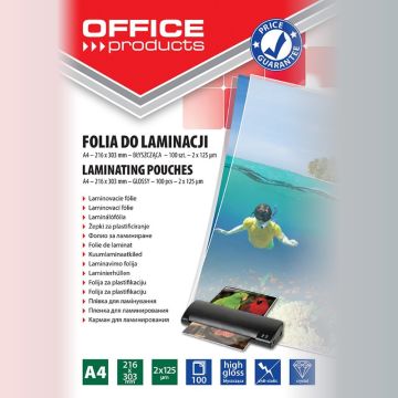 Folia do laminowania OFFICE PRODUCTS, A4, 2x125mikr., błyszcząca, 100szt., transparentna