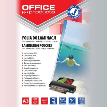 Folia do laminowania OFFICE PRODUCTS, A3, 2x80mikr., błyszcząca, 100szt., transparentna