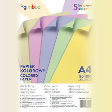 Coloured paper, GIMBOO, A4, 100 sheets, 80 gsm, 5 pastel colours