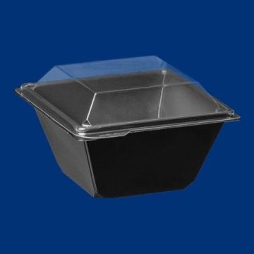 Square salad bowl 370ml set black bottom + transparent lid 114x114mm h75 PET, 30 pieces