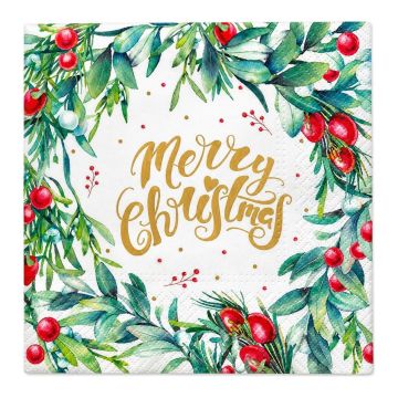 PAW Christmas Napkins, 33x33cm a.20pcs. Merry Christmas Floral