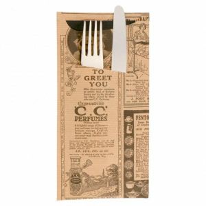 Cutlery case KRAFT with black napkin, Times print, 11,2x22,5cm, 100 pieces