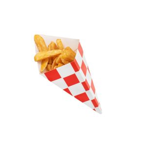 Chip cornet 350g, small, red grid, with place for dip, 175/250mm, 100 pieces
