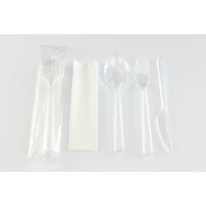 Set of SUPERIOR fork+knife+spoon+napkin, transparent in foil (200set) TnP