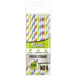 PIKNIK paper straws, 24pcs mix colours, stripes (k/100) dia.6mm length 20cm
