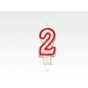 Candle - NUMBER "2", red rim with glitter, price per 1 piece.