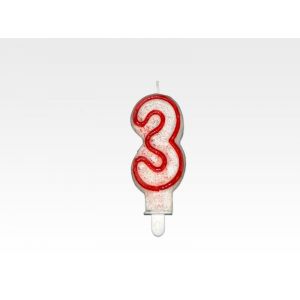 Candle - NUMBER "3", red rim with glitter, price per 1 piece.