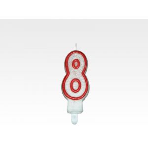 Candle - NUMBER "8", red rim with glitter, price per 1 piece.