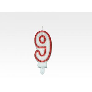 Candle - NUMBER "9", red rim with glitter, price per 1 piece.