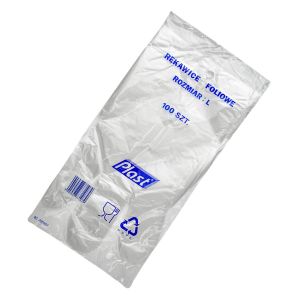 Gloves made of HDPE foil, size L, transparent, 100 pieces, hang tag