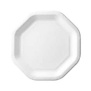 White octagonal paper plates, size: 24 cm x 24 cm, price per pack 50pcs