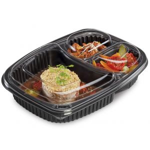 COOK255/3 lunch container 1250ml three-chamber, 40pcs (k/8) 255x190x45mm, black, PP