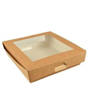 Brown salad box 1500ml PURE 190x190x50mm, PLA window, uncoated, 25 pieces