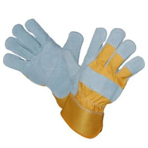 Gloves made of denim reinforced with thick cow split leather