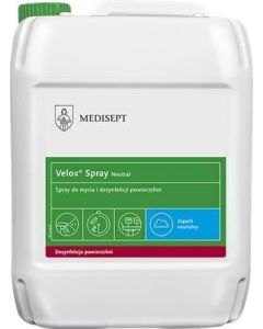 MEDISEPT Velox Spray Neutral 5L Alkoholos, használatra kész kész készítmény orvosi berendezések felületeinek tisztítására és fertőtlenítésére.