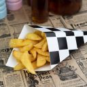 Chip cornet 350g, small, black grid, with place for dip, 175/250mm, 100 pieces