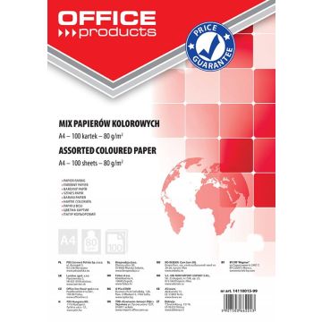 Papier kolorowy OFFICE PRODUCTS, A4, 100 arkuszy, 80gsm, mix kolorów