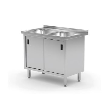 Stół z dwoma zlewami, szafka z drzwiami suwanymi, o wym. 1000x600x850 mm