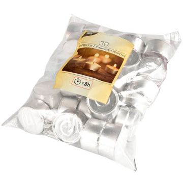 Tealights long burning time 8 hours, diameter 39mm h22mm, white colour, package 30pcs