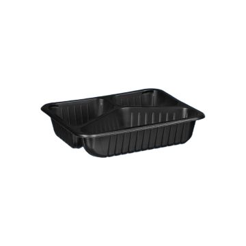 Lunch container welded D-9420R, 3-chamber, black ribbed, 227x178x50, price per pack 40 pcs.