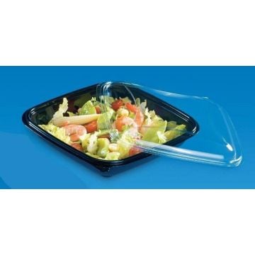 Salad container PET low 370ml set, black base + transparent lid 160x160xh.30, 80 pieces